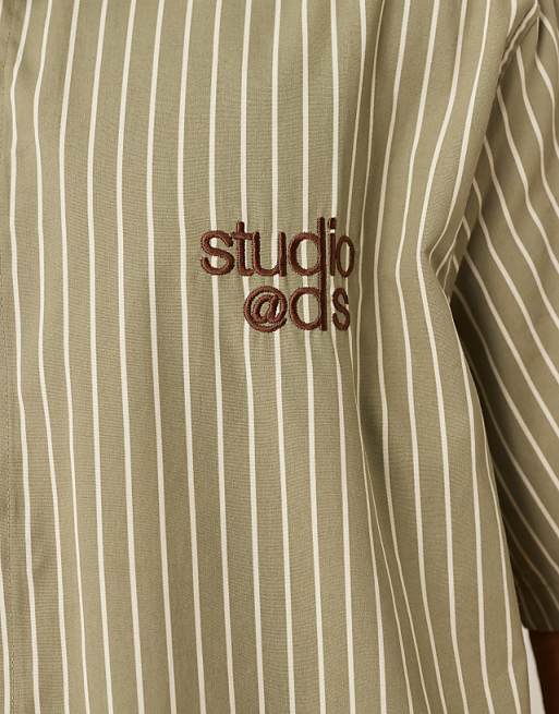 DESIGN Regular Shirt In Khaki Stripe With Chest Embroidery