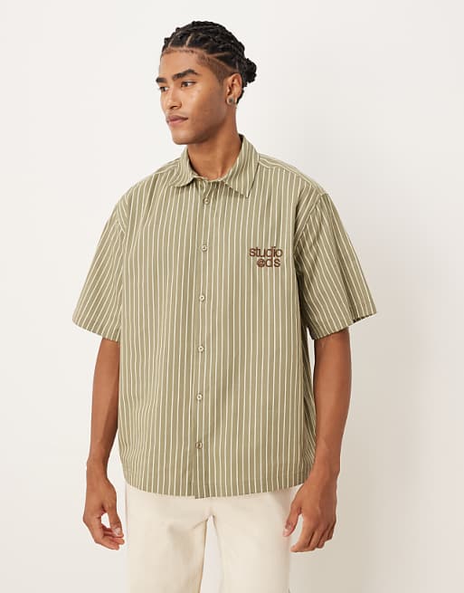 DESIGN regular shirt in khaki stripe with chest embroidery