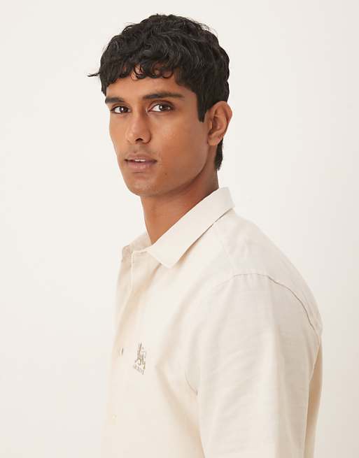 DESIGN Regular Shirt With Chest Embroidery In Beige
