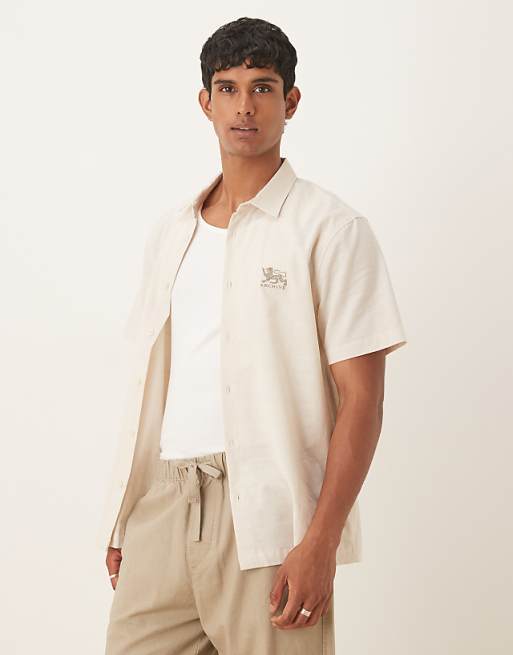 DESIGN regular shirt with chest embroidery in beige