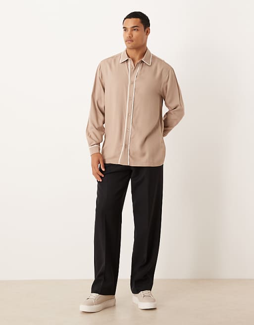 DESIGN Regular Shirt With Contrast Piping Detail In Brown