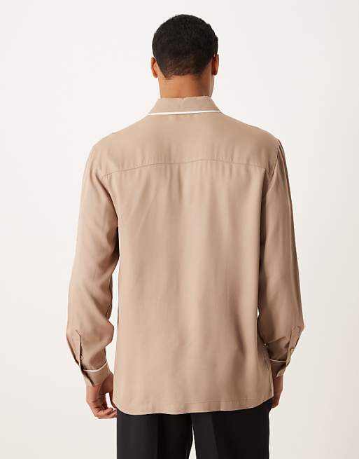DESIGN Regular Shirt With Contrast Piping Detail In Brown