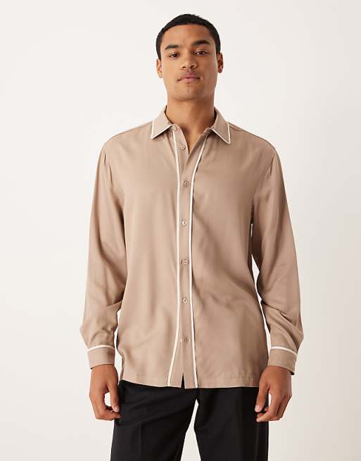 DESIGN regular shirt with contrast piping detail in brown