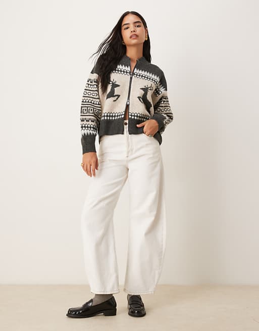 DESIGN Reindeer Fairisle Bomber Cardigan In Grey