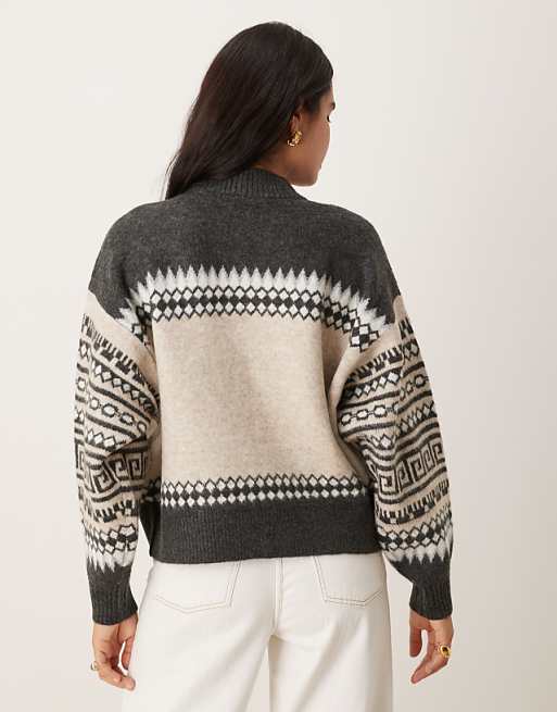 DESIGN Reindeer Fairisle Bomber Cardigan In Grey