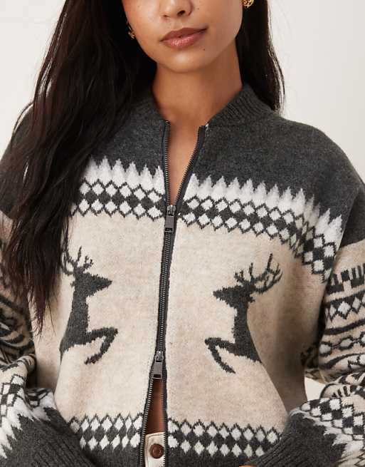DESIGN Reindeer Fairisle Bomber Cardigan In Grey