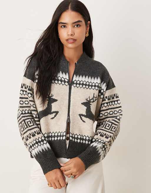 DESIGN reindeer fairisle bomber cardigan in grey