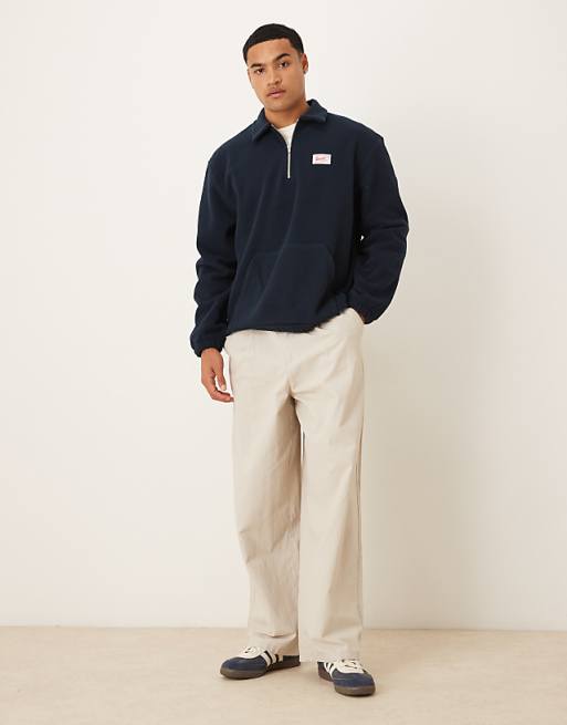 DESIGN Relaxed 3/4 Length Sleeve Fleece Sweatshirt With Woven Label In Navy