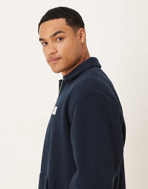 DESIGN Relaxed 3/4 Length Sleeve Fleece Sweatshirt With Woven Label In Navy