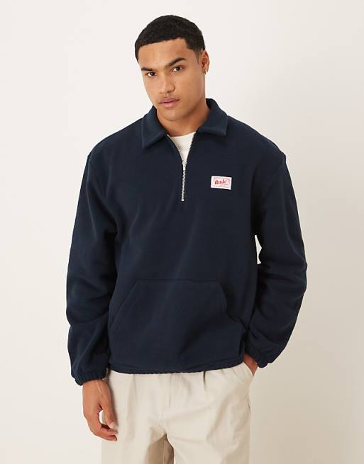 DESIGN relaxed 3/4 length sleeve fleece sweatshirt with woven label in navy