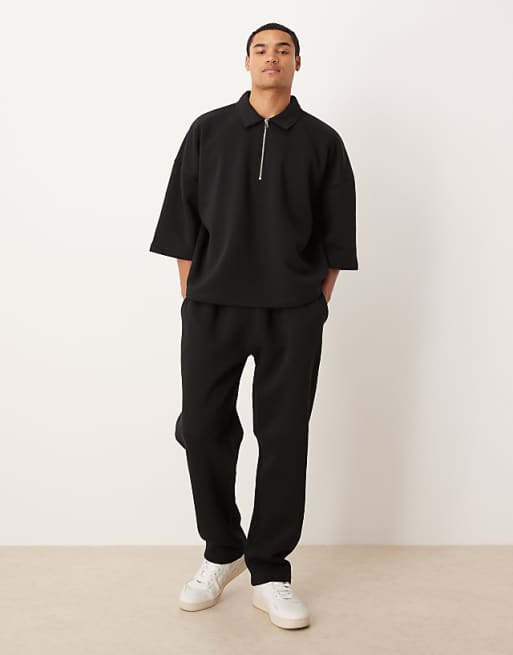 DESIGN Relaxed 3/4 Sleeve Quarter Zip Sweatshirt With Collar In Black