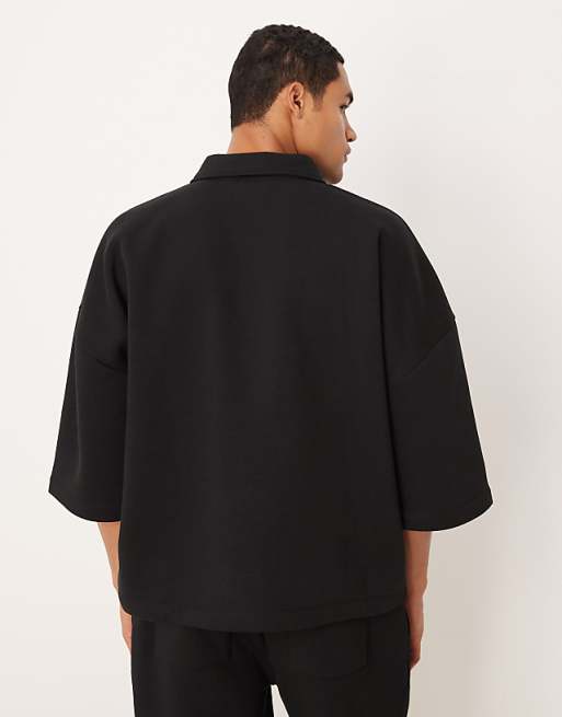 DESIGN Relaxed 3/4 Sleeve Quarter Zip Sweatshirt With Collar In Black