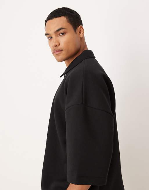 DESIGN Relaxed 3/4 Sleeve Quarter Zip Sweatshirt With Collar In Black