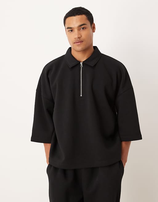 DESIGN relaxed 3/4 sleeve quarter zip sweatshirt with collar in black