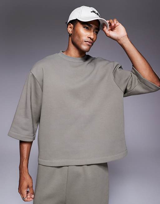 DESIGN relaxed 3/4 sleeve sweatshirt in khaki