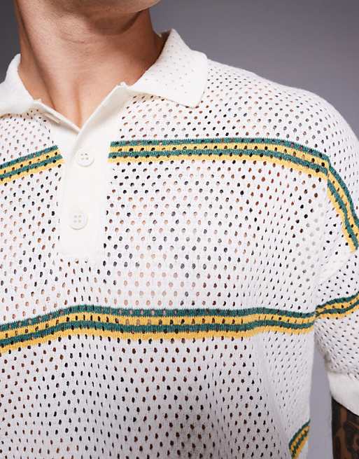 DESIGN Relaxed Airtex Stripe Knitted Polo In Cream