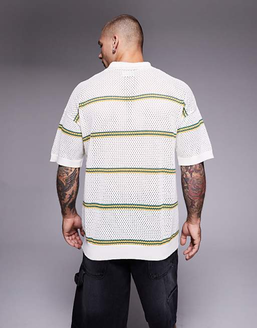 DESIGN Relaxed Airtex Stripe Knitted Polo In Cream