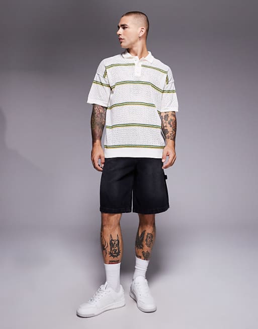 DESIGN Relaxed Airtex Stripe Knitted Polo In Cream