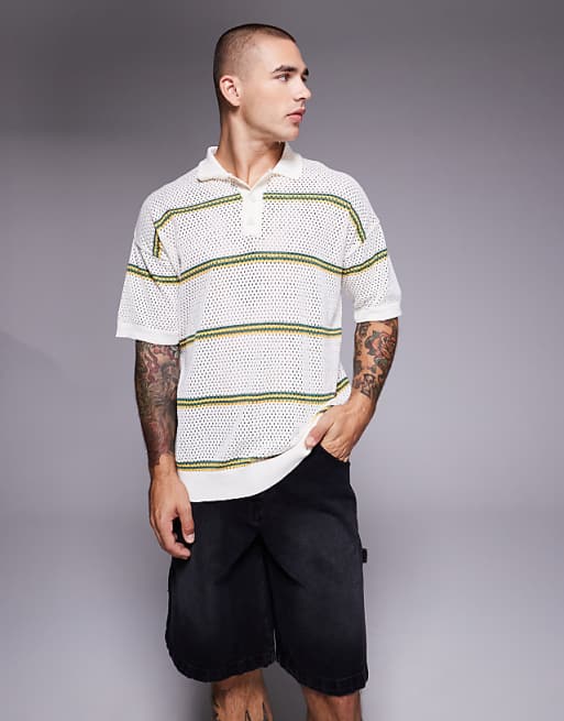 DESIGN relaxed airtex stripe knitted polo in cream