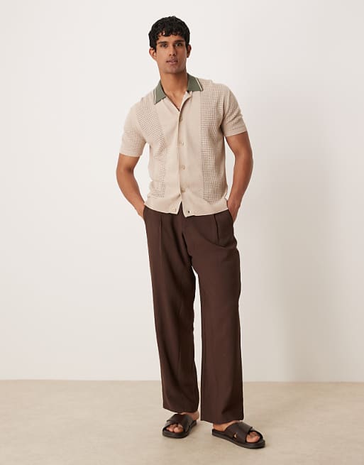 DESIGN Relaxed Boxy Button Through Knitted Polo With Contrast Collar In Beige