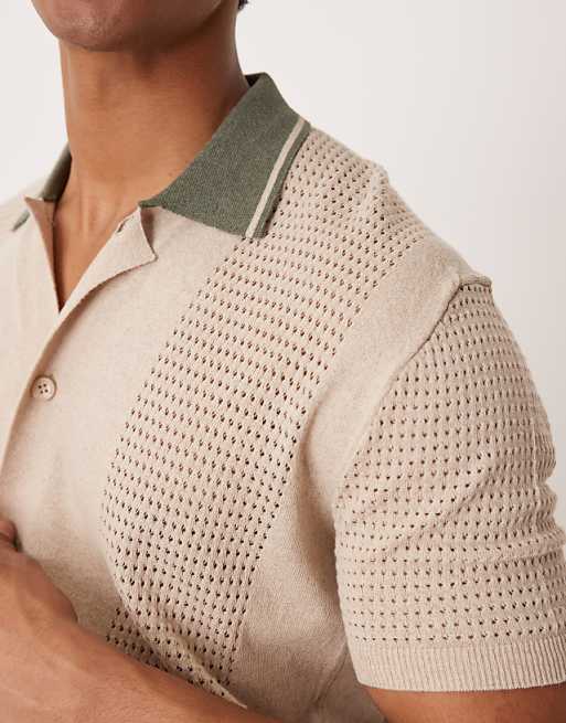 DESIGN Relaxed Boxy Button Through Knitted Polo With Contrast Collar In Beige