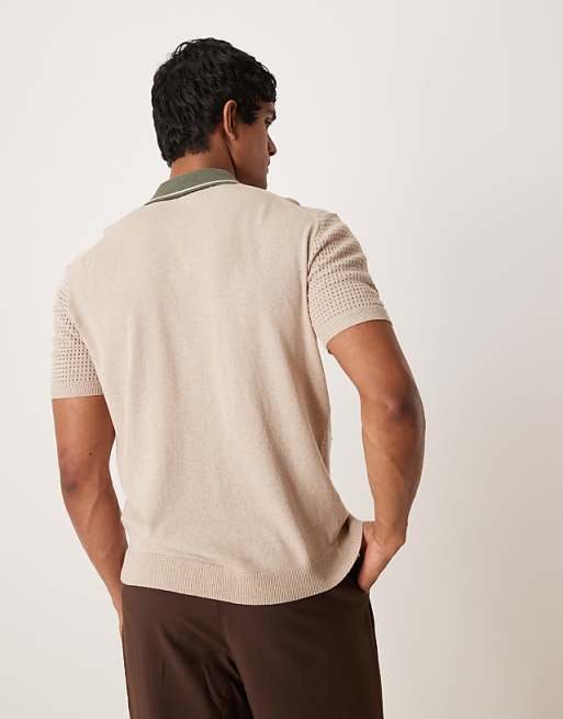 DESIGN Relaxed Boxy Button Through Knitted Polo With Contrast Collar In Beige