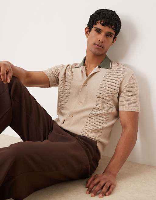 DESIGN relaxed boxy button through knitted polo with contrast collar in beige