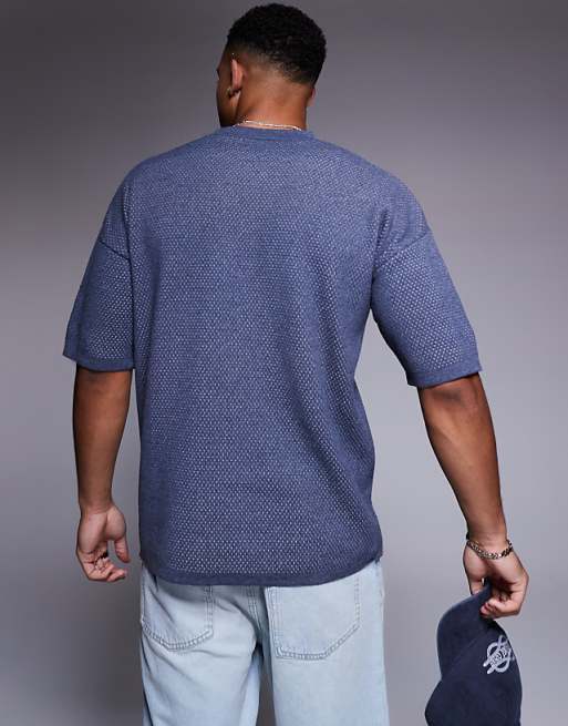 DESIGN Relaxed Boxy Fit Airtex Knitted T-shirt With 90 Graphic In Navy
