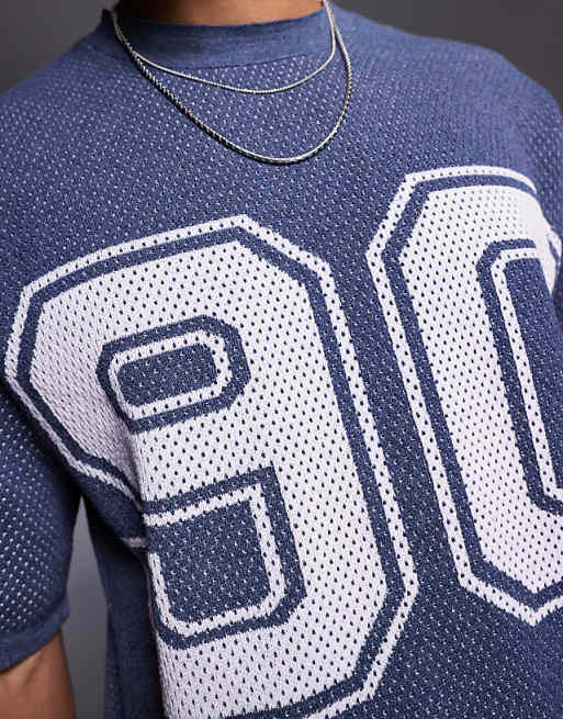 DESIGN Relaxed Boxy Fit Airtex Knitted T-shirt With 90 Graphic In Navy
