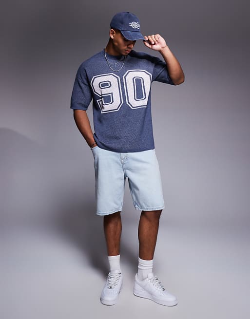DESIGN Relaxed Boxy Fit Airtex Knitted T-shirt With 90 Graphic In Navy