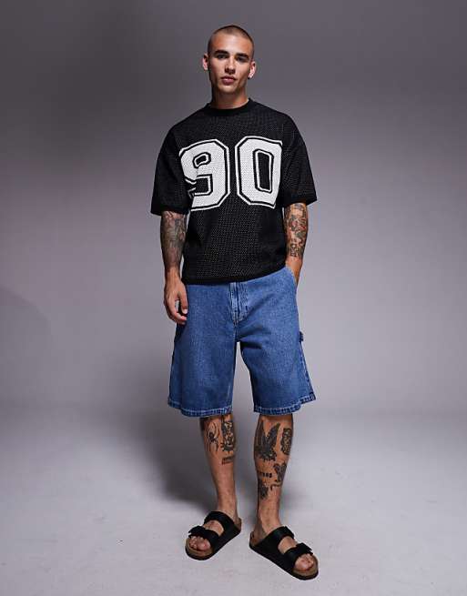 DESIGN Relaxed Boxy Fit Airtex Knitted T-shirt With 90 Graphic In Black