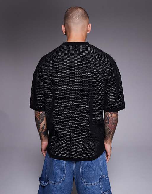 DESIGN Relaxed Boxy Fit Airtex Knitted T-shirt With 90 Graphic In Black
