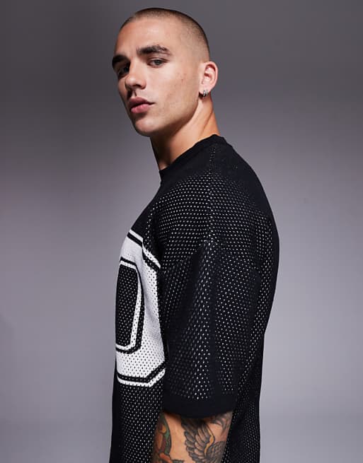 DESIGN Relaxed Boxy Fit Airtex Knitted T-shirt With 90 Graphic In Black