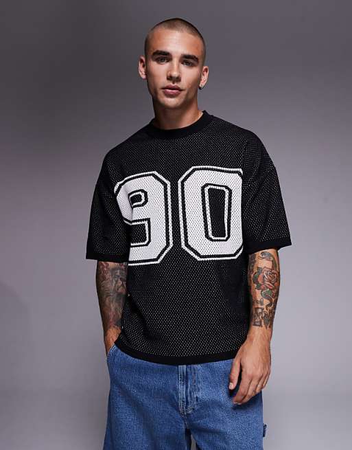 DESIGN relaxed boxy fit airtex knitted t-shirt with 90 graphic in black