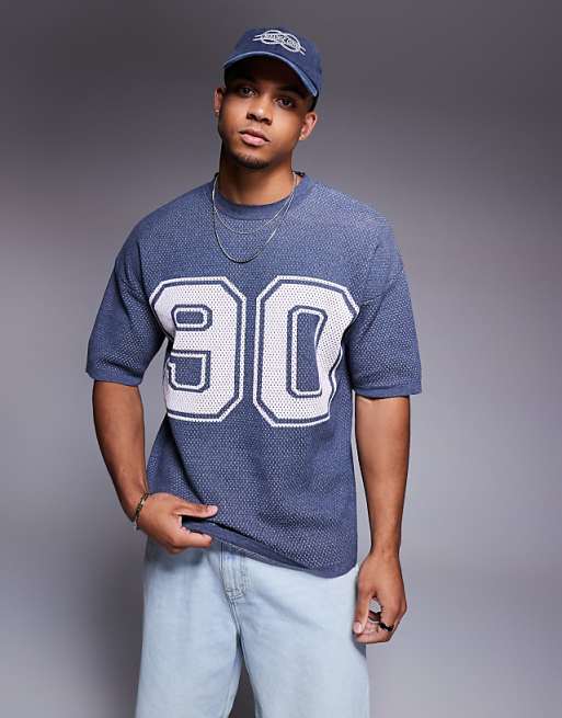 DESIGN relaxed boxy fit airtex knitted t-shirt with 90 graphic in navy