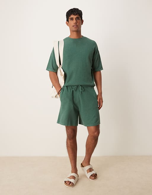 DESIGN Relaxed Boxy Fit Rib Knitted T-shirt With Half Sleeve In Green