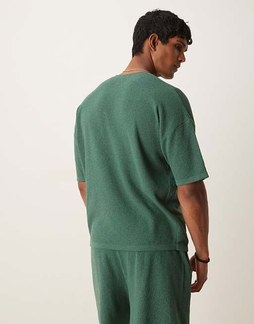 DESIGN Relaxed Boxy Fit Rib Knitted T-shirt With Half Sleeve In Green