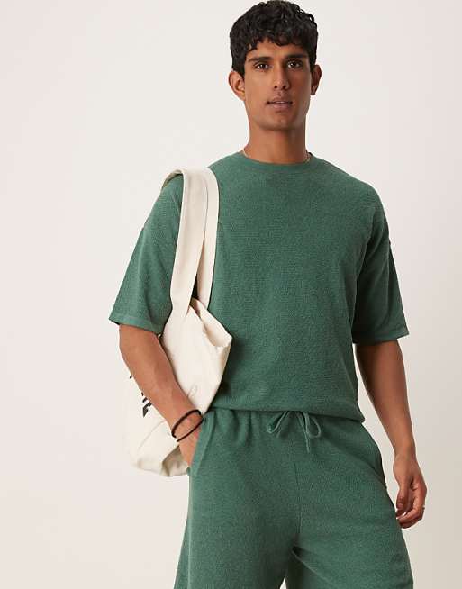 DESIGN relaxed boxy fit rib knitted t-shirt with half sleeve in green