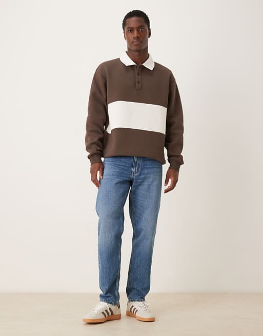 DESIGN Relaxed Boxy Fit Rugby Polo Sweatshirt In Brown