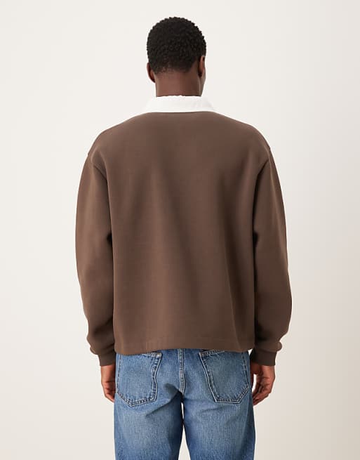 DESIGN Relaxed Boxy Fit Rugby Polo Sweatshirt In Brown