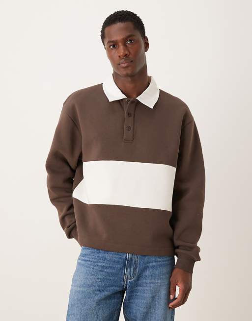 DESIGN relaxed boxy fit rugby polo sweatshirt in brown