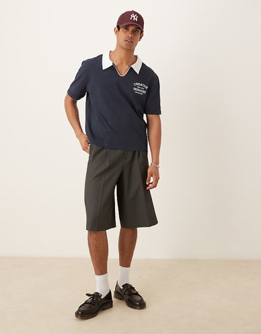 DESIGN Relaxed Boxy Heavyweight 240gsm Polo With Chest Print In Navy