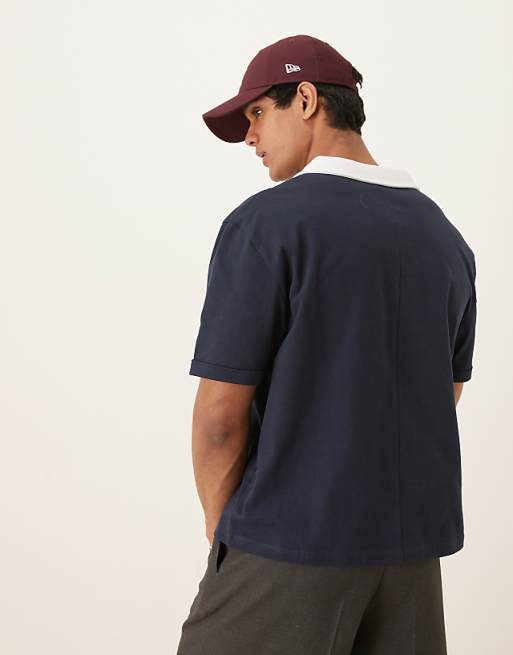 DESIGN Relaxed Boxy Heavyweight 240gsm Polo With Chest Print In Navy