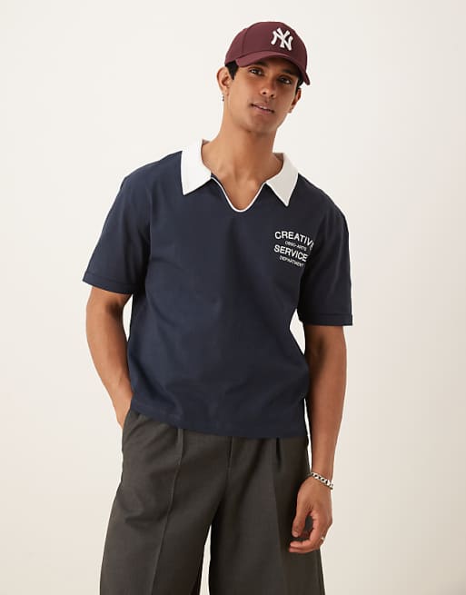 DESIGN Relaxed Boxy Heavyweight 240gsm Polo With Chest Print In Navy