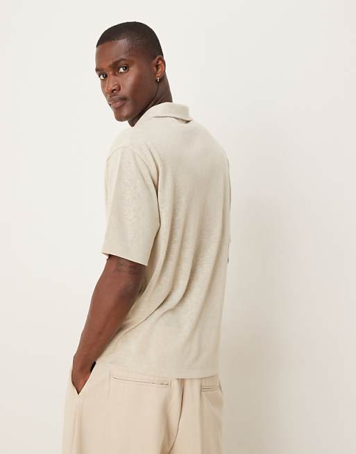 DESIGN Relaxed Boxy Polo In Beige Linen Look