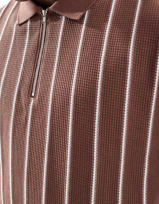 DESIGN Relaxed Boxy Striped Half Zip Polo In Brown And White