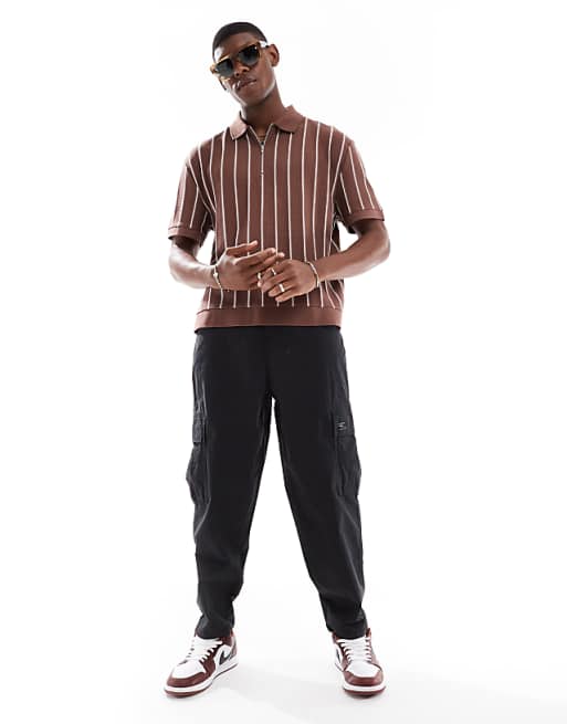 DESIGN Relaxed Boxy Striped Half Zip Polo In Brown And White