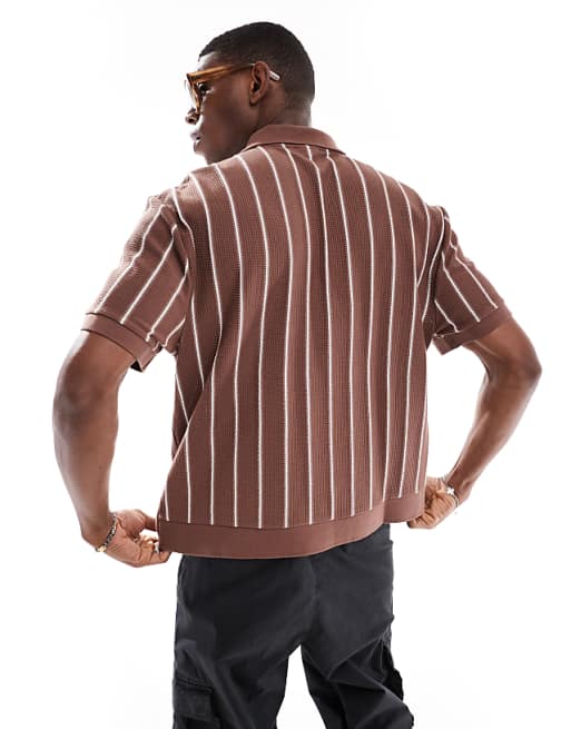 DESIGN Relaxed Boxy Striped Half Zip Polo In Brown And White