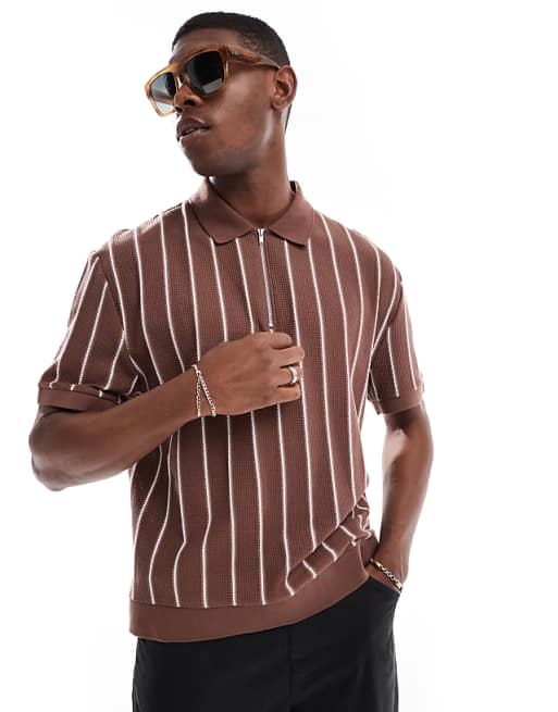 DESIGN relaxed boxy striped half zip polo in brown and white