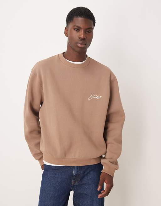 DESIGN relaxed boxy sweatshirt with chest print in beige